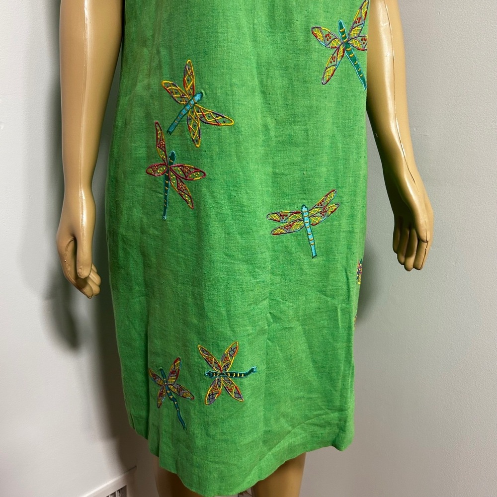 Betsy Lauren 90s Y2K Green Linen Blend Dragonfly Embroidered Sheath Dress M/L 14 - Picture 4 of 10